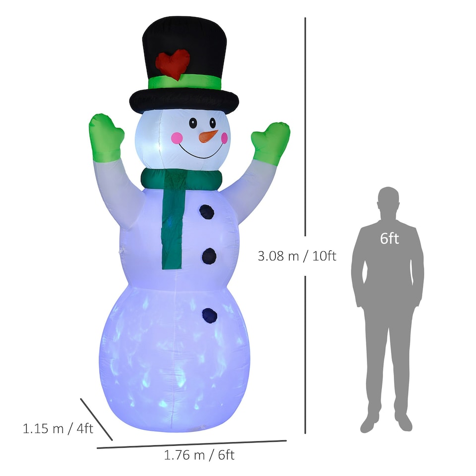 image 1 of Outsunny 10ft Inflatable Snowman w/ Black Hat, Green Scarf for Garden Yard