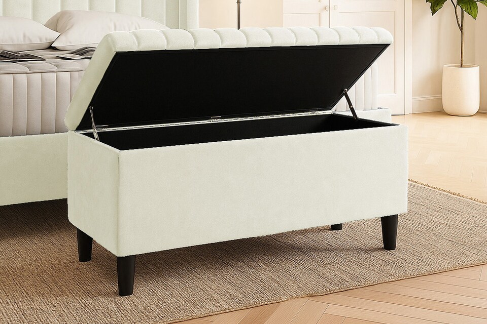 image 1 of 180cm Lined Upholstered Ottoman Storage box - Cream Plush Velvet Blanket Storage Box with Wooden Legs