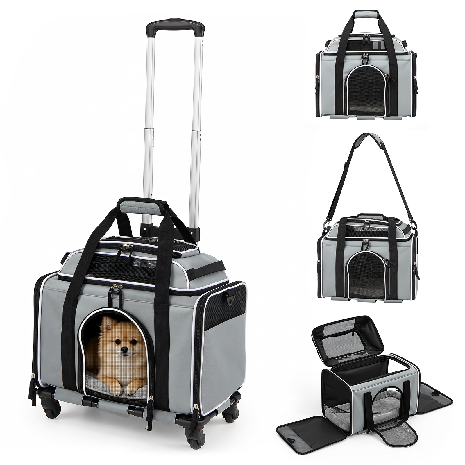 COSTWAY Airline Approved Rolling Cat and Dog Carrier Telescopic Handle Multiple Openings & Mesh Windows Grey