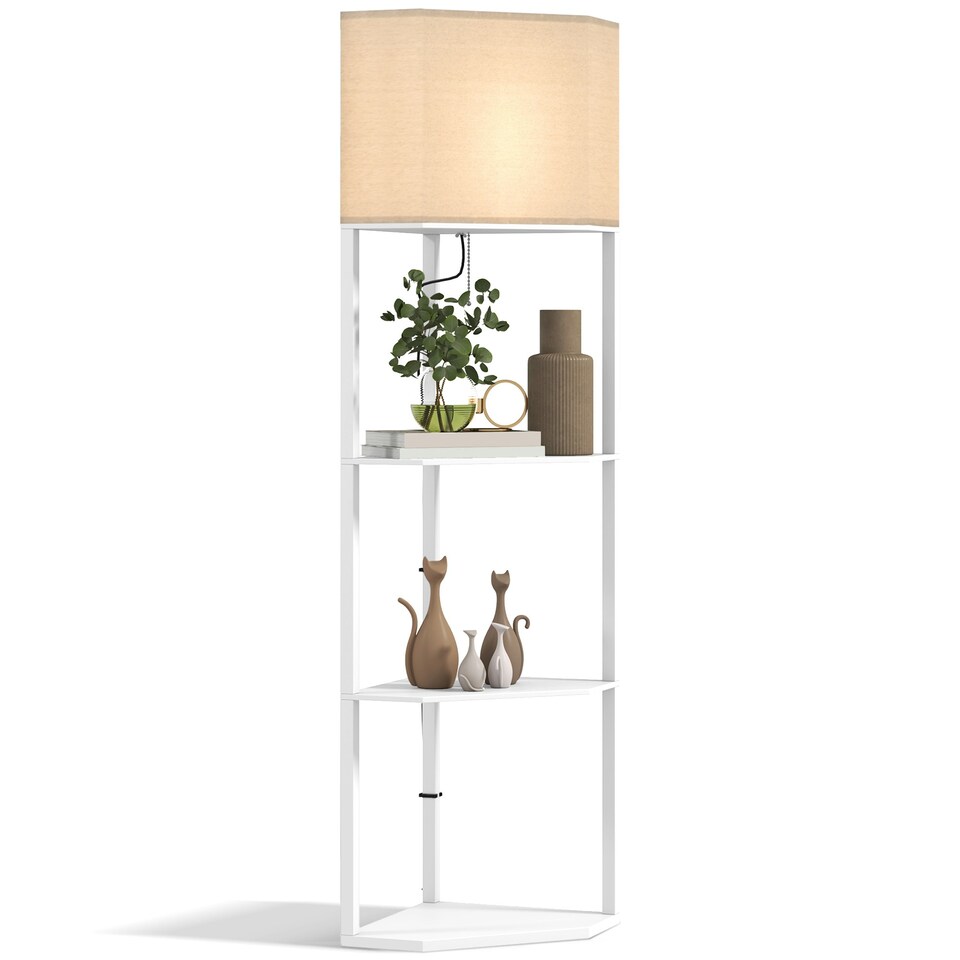 image 1 of HOMCOM Corner Modern Floor Lamp with Shelves for Living Room, Bedroom, White