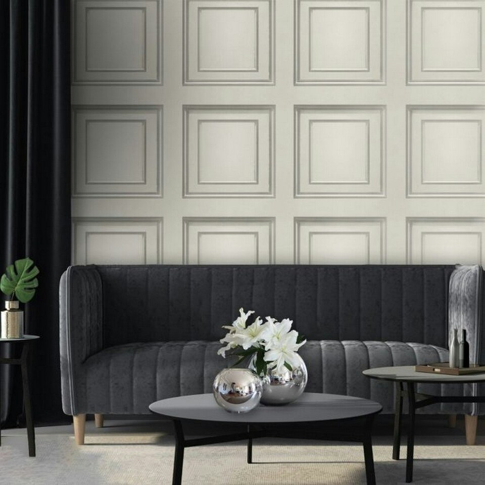image 1 of Belgravia Amara Panel Vinyl Textured Wallpaper - Off White/Silver - 10m x 53cm White