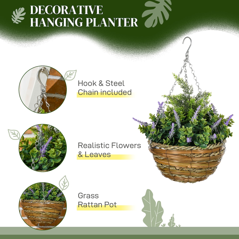 image 1 of Outsunny Pack of 2 FauPlant Artificial Lavender Flowers Hanging Planter with Basket for Indoor Decoration, Purple