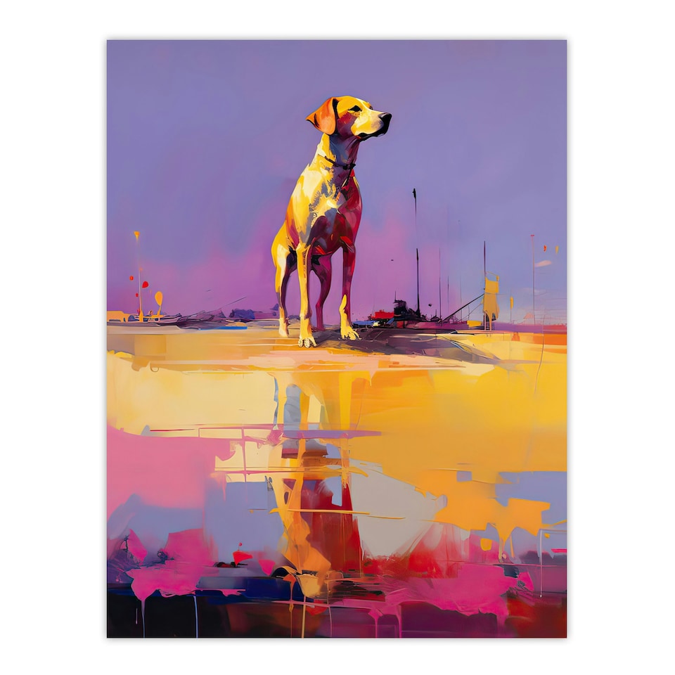image 1 of Beach Reflections Dog Portrait Purple Orange Black Framed Wall Art Print A4