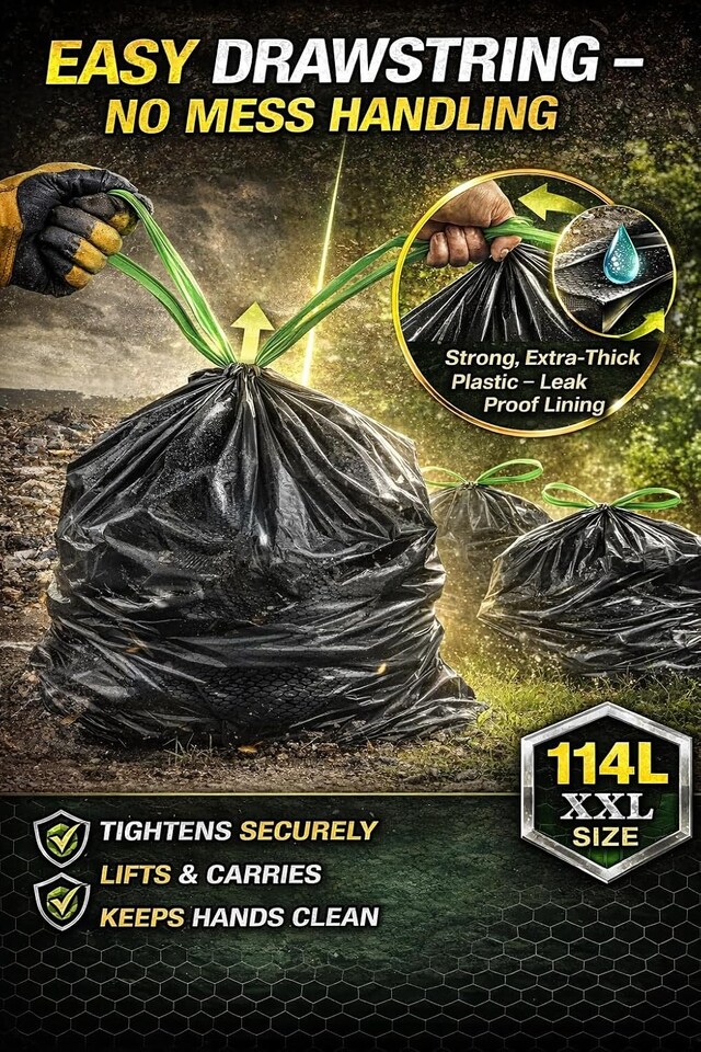 image 1 of Hero Webtech Super Strong Black Embossed Drawstring Bin Bags 114L – 28 Heavy Duty Tear-Resistant Refuse Sacks