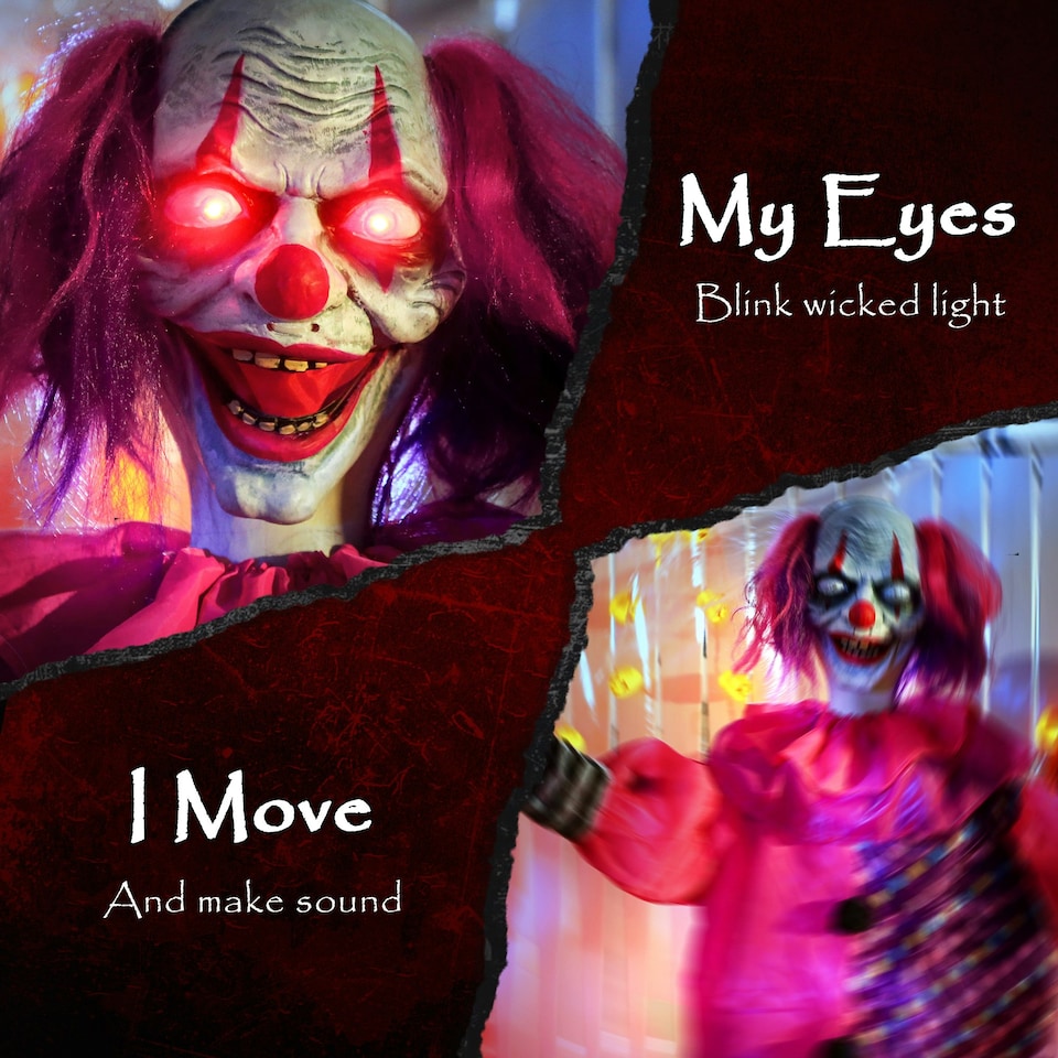 image 1 of Outsunny Sound Activated Halloween Animatronics Clown with Red Light Up Eyes