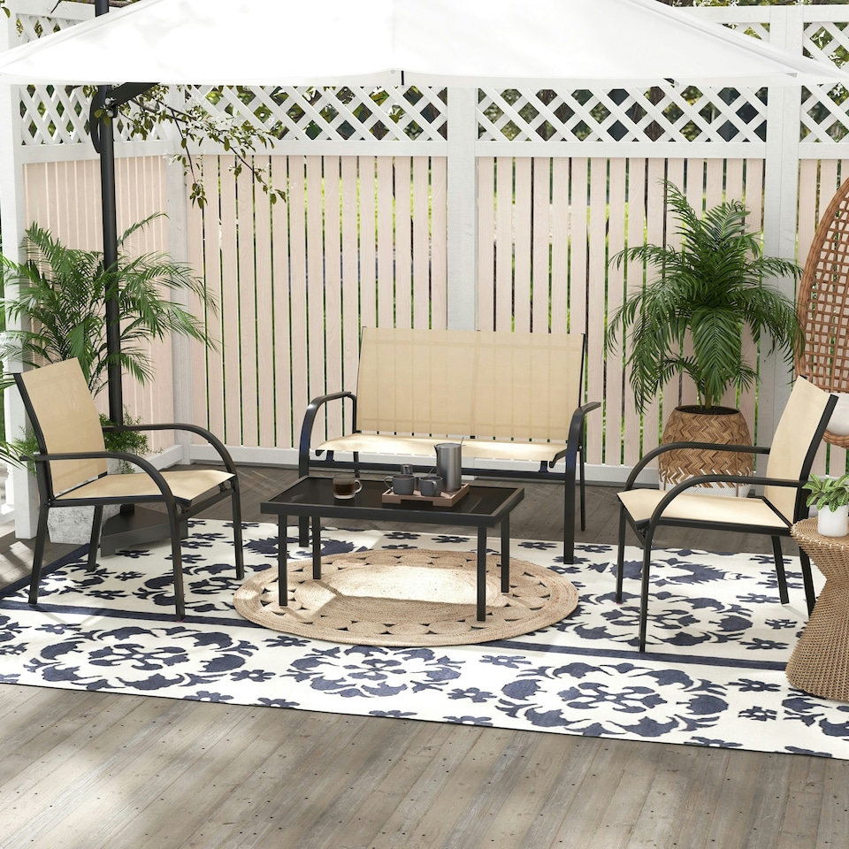 image 1 of Outsunny 4pcs Patio Furniture Set Garden Sofa Glass Top Coffee Table Beige