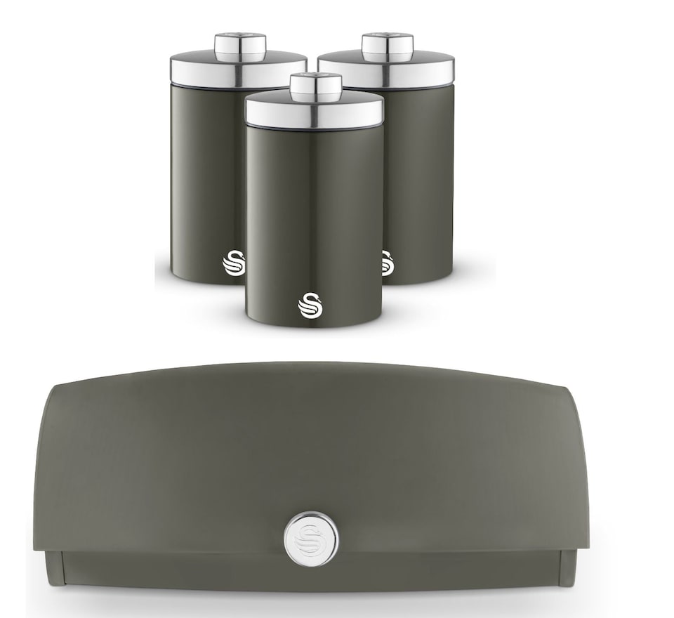 image 1 of Swan Townhouse Graphite Bread Bin & 3 Canisters Kitchen Storage Set in Grey