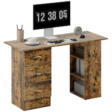 HOMCOM 120cm Computer Desk, Study Table with 3 Shelf & Drawers, Rustic Brown | Brown | Rustic | 120W x 49D x 72H cm