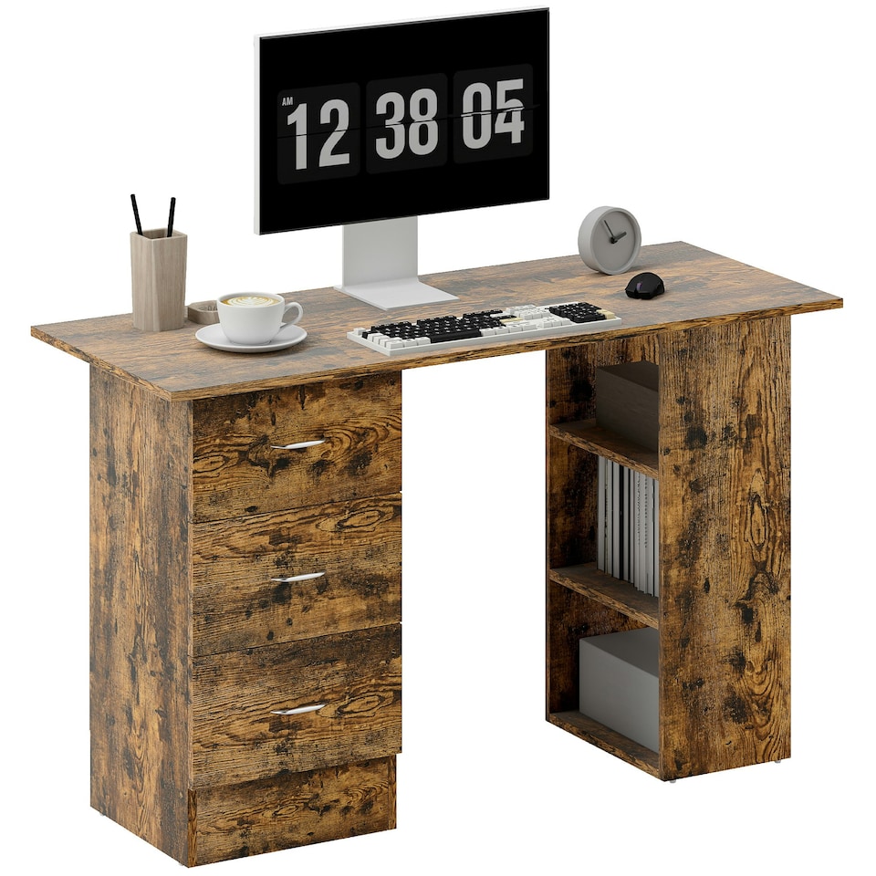 image 1 of HOMCOM 120cm Computer Desk, Study Table with 3 Shelf & Drawers, Rustic Brown | Brown | Rustic | 120W x 49D x 72H cm