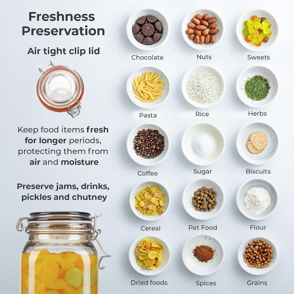 image 1 of 1L Pack of 3 Canisters Glass Storage Jars with Airtight Silicone Seal Metal Clip Top Lids