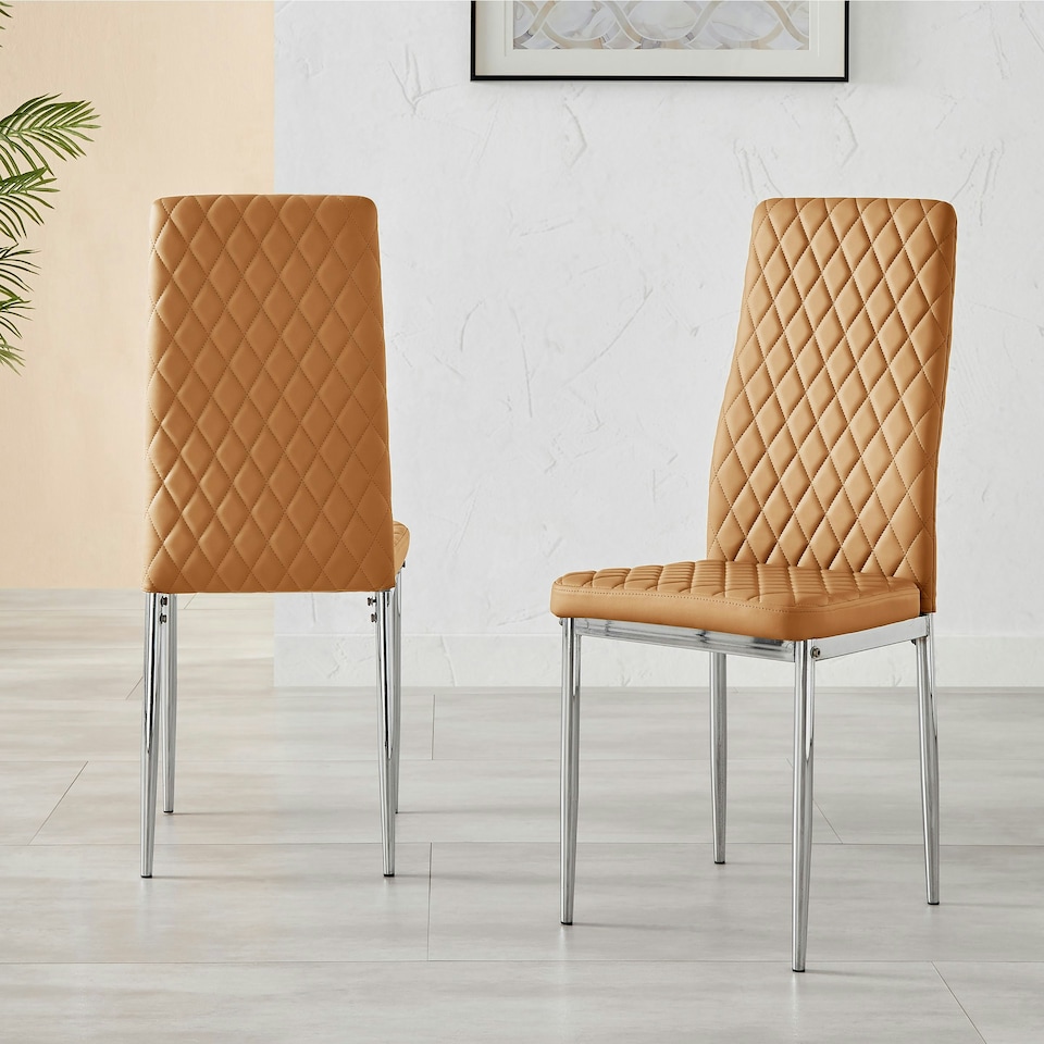 image 1 of Furniturebox 6x Milan Mustard Yellow Chrome Hatched Faux Leather Dining Chairs