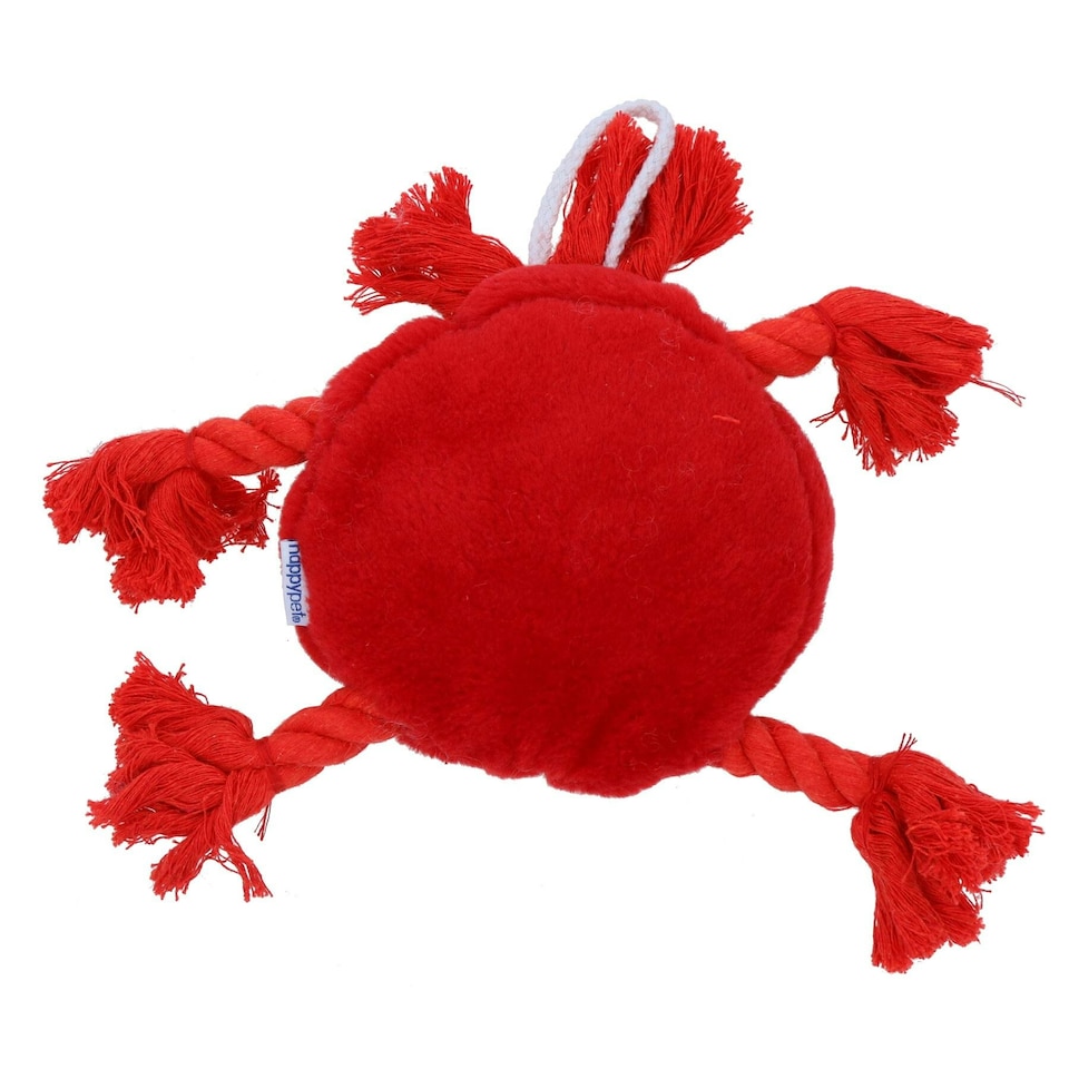 image 1 of Plush Soft Red Happy Face Dog Play Toy With Squeak & Rope Arms.
