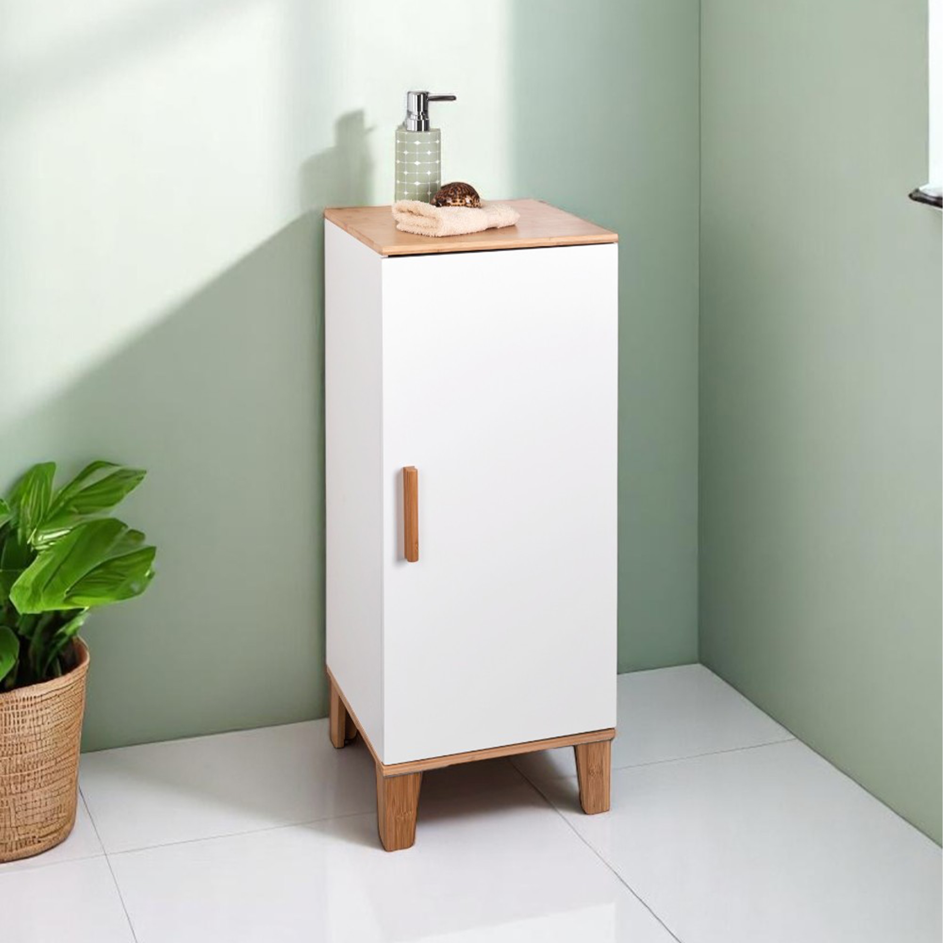 Showerdrape Amalfi Matt White & Bamboo Floorstanding Bathroom Cabinet | White | 1