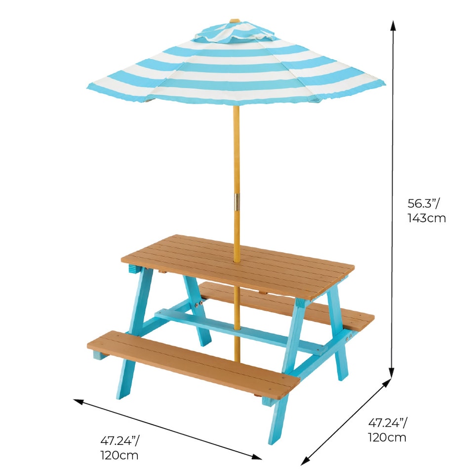 image 1 of Teamson Kids Children's Wooden Picnic Table with Umbrella for Outdoor Garden Play, Blue