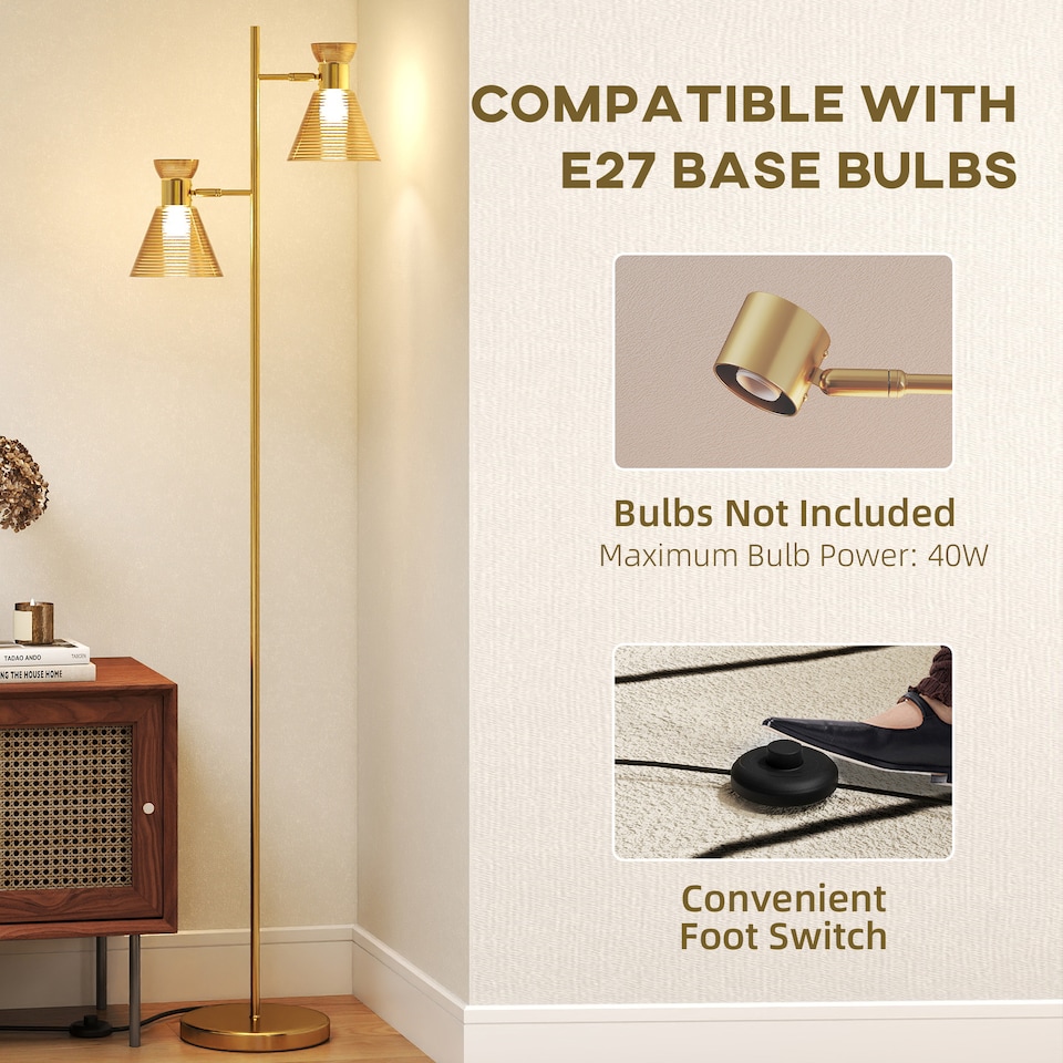 image 1 of HOMCOM Floor Lamp with Adjustable Dual Head, Modern Standing Lamp with Floral Glass Shades and Foot Switch for Living Room Bedroom, E27 Socket, Bulb Not Included, Gold Tone