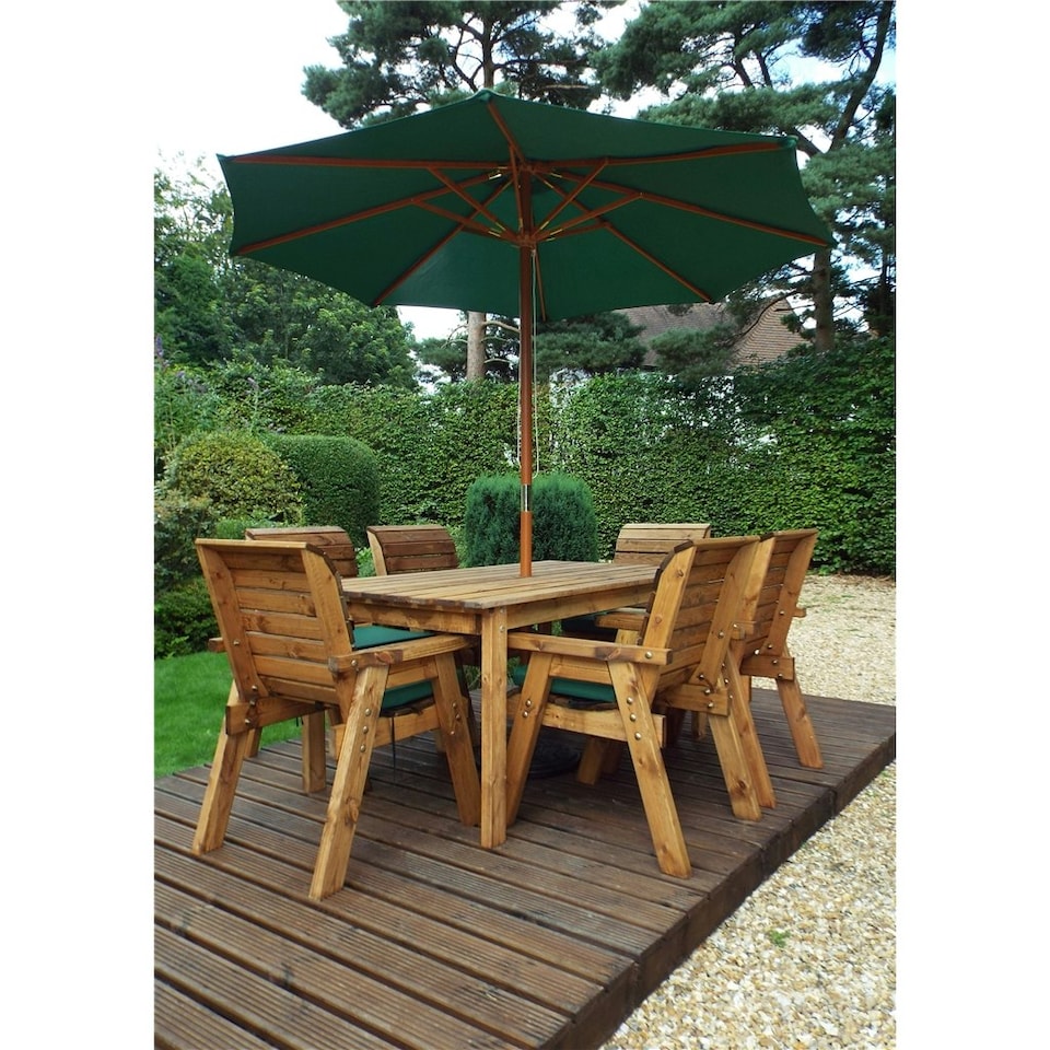 image 1 of Traditional Six Seater Rectangular Table Set With 6 x Green Chair Cushion 1 x Green Parasol & Base & Cushion Storage Bag