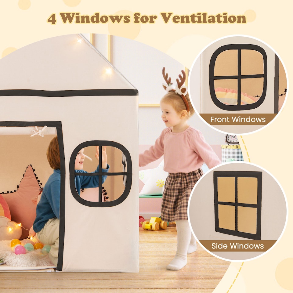 image 1 of COSTWAY Kids Play Tent Large Playhouse w/ Door Curtain & Windows-Beige + Grey