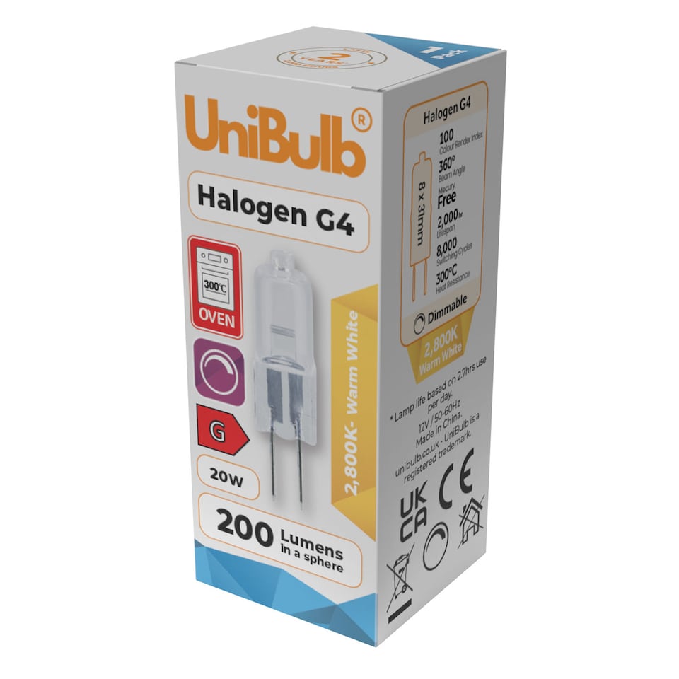 image 1 of UniBulb Halogen G4 200lm 20W 2800K (Warm White) Capsule Light Bulb For Chandeliers, Lamps, & Ovens - Pack of 1 | Clear | Warm White | 1