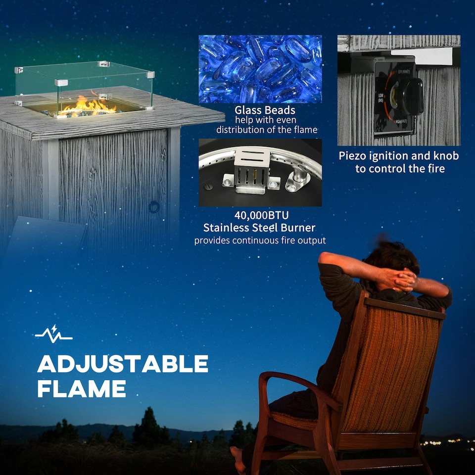 image 1 of Outsunny Fire Pit Table with 50,000 BTU Burner, Cover, Glass Screen, Grey