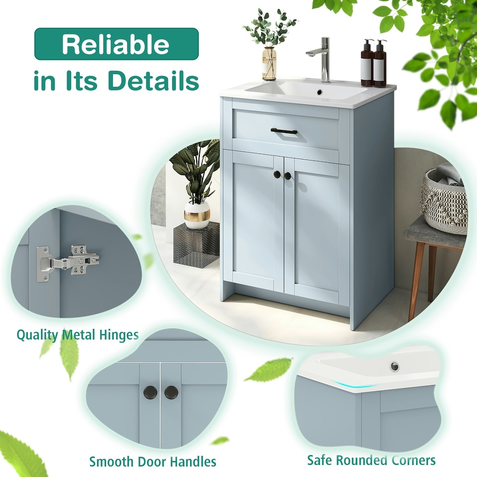 image 1 of COSTWAY Bathroom Vanity Storage Cabinet w/2 Doorsy Grey
