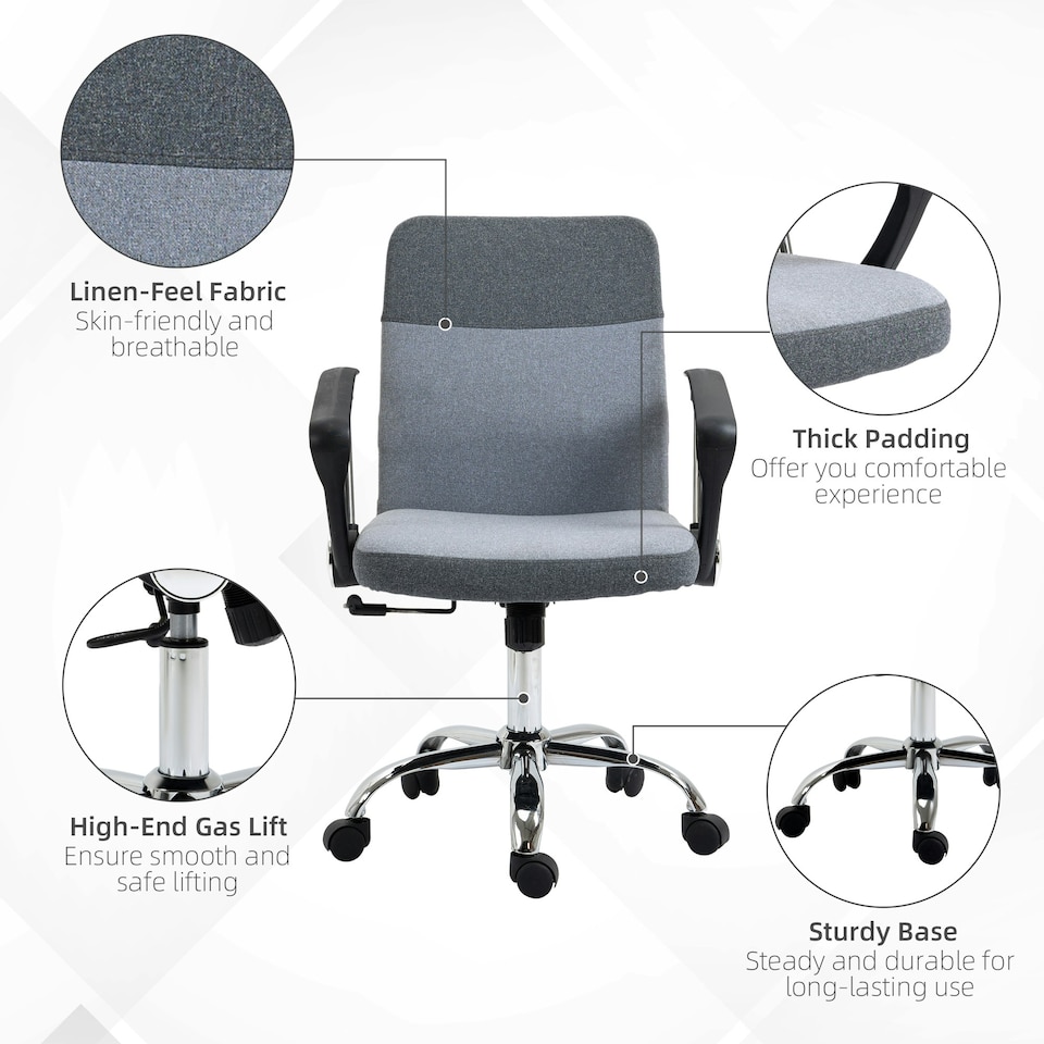 image 1 of Vinsetto Office Chair Linen Swivel Desk Chair Home Study Rocker w/ Wheel, Grey