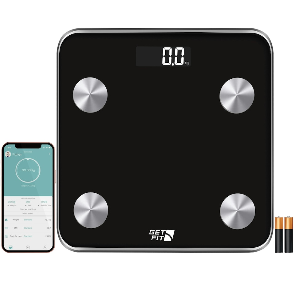 image 1 of Get Fit Smart Bathroom Scales - Monitor Weight Loss Digital Body Weighing Scale, Connect to IOS/Android via Bluetooth with APP, LCD Display, Auto On/Off - Black