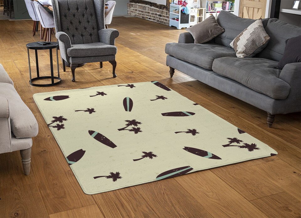 image 1 of Surf Board & Palm Silhouettes Rug | Multi