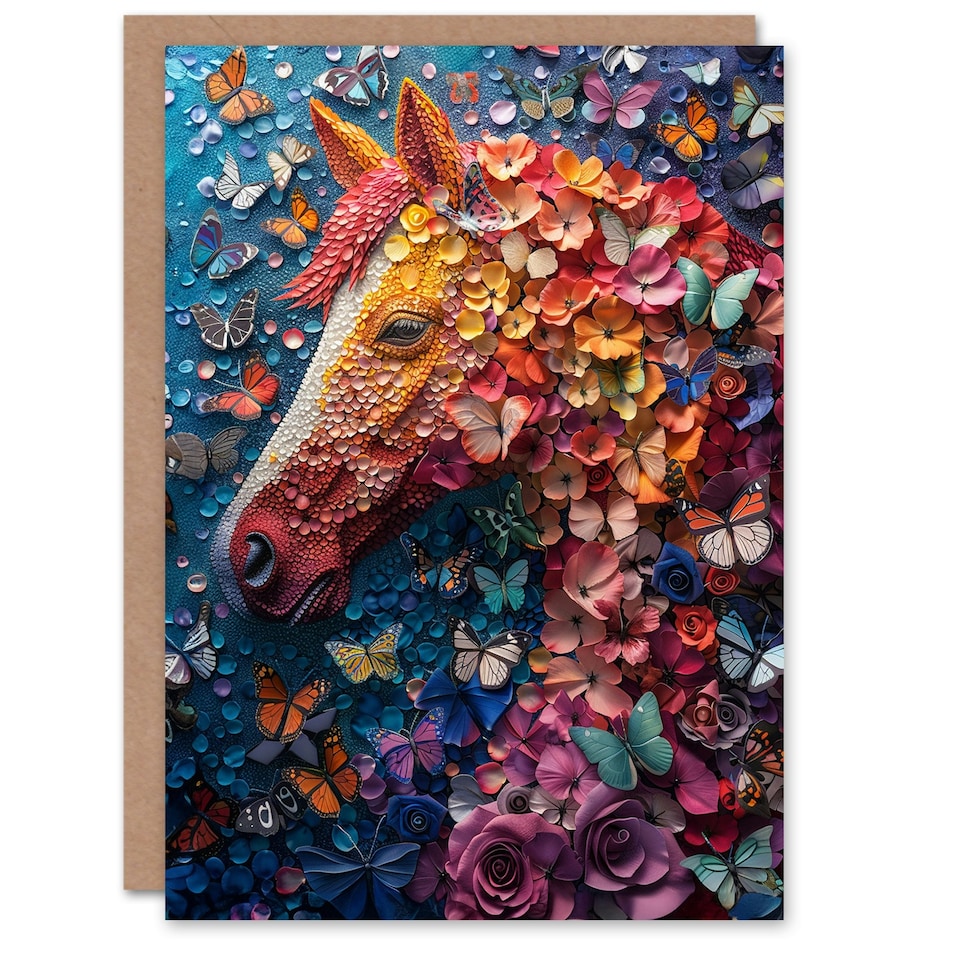 image 1 of Butterfly Horse Flower Nature Collage Mosaic Kids Child Kids Birthday Card