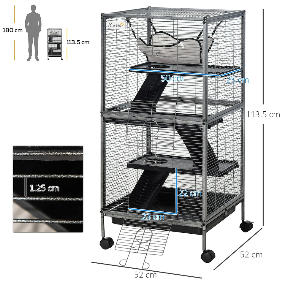 image 1 of PawHut Rolling Small Animal Cage for Chinchillas Ferrets Kittens W/ Ramp Silver