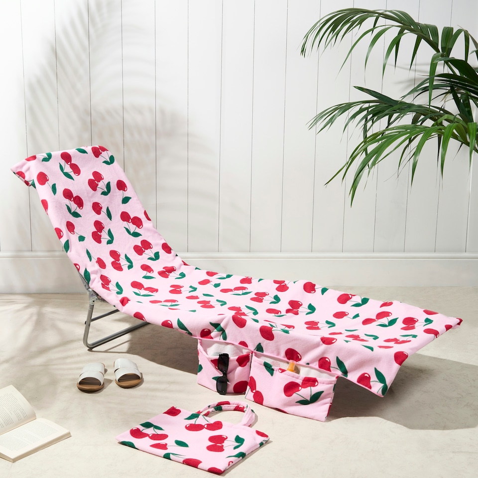 image 1 of OHS Cherry Print Microfibre Quick Dry Spa Bath Beach Chair Cover Towel Bag Pink