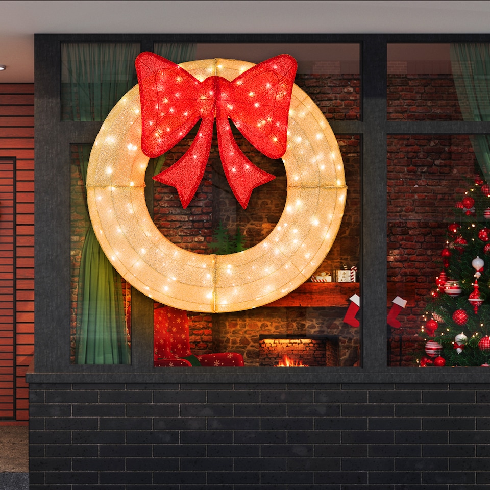 image 1 of COSTWAY 48 Inch Pre-Lit Christmas Wreath Indoor Outdoor Xmas Decorated Garland