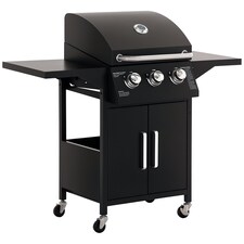 Outsunny 3 Burner Gas Grill Portable Barbecue Trolley with Side Shelves