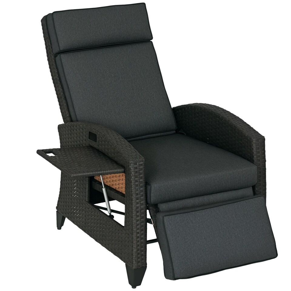 image 1 of Outsunny Garden Recliner w/ Cushion, Reclining Rattan Chair, Dark Grey/Brown
