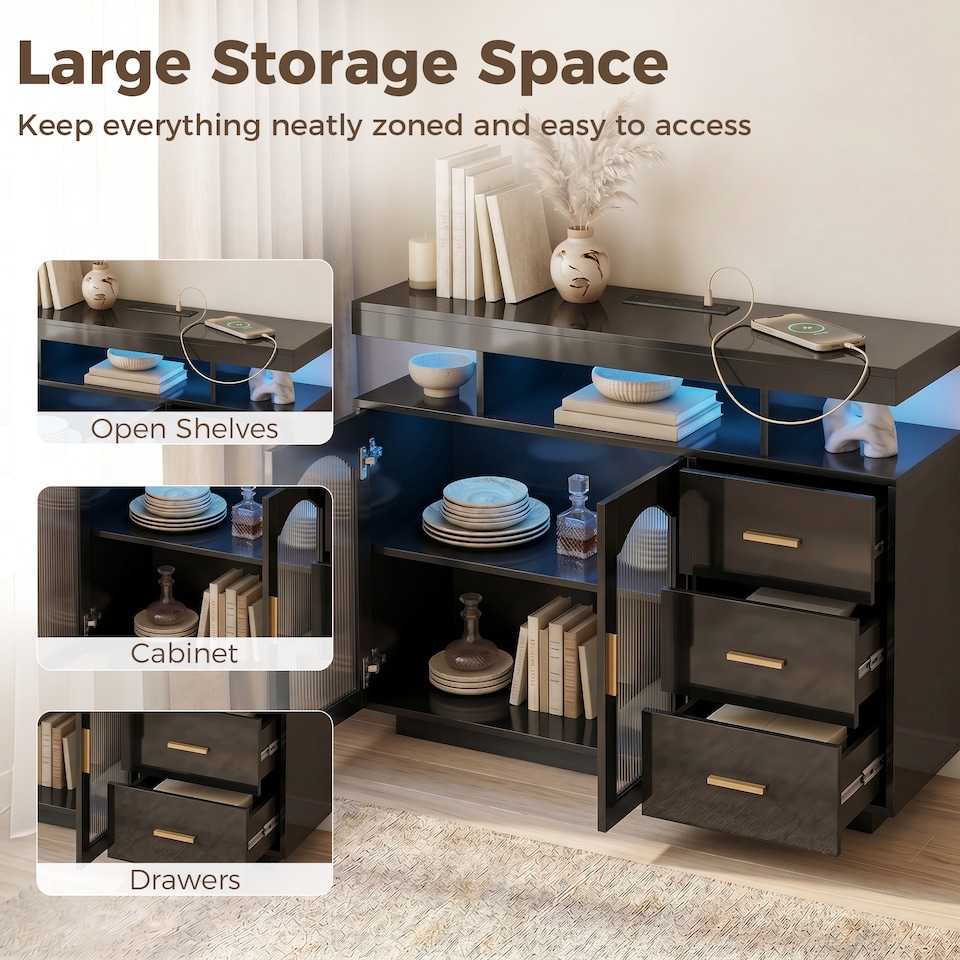 image 1 of HOMCOM High Gloss Sideboard with LED Lights, Power Outlets, Drawers