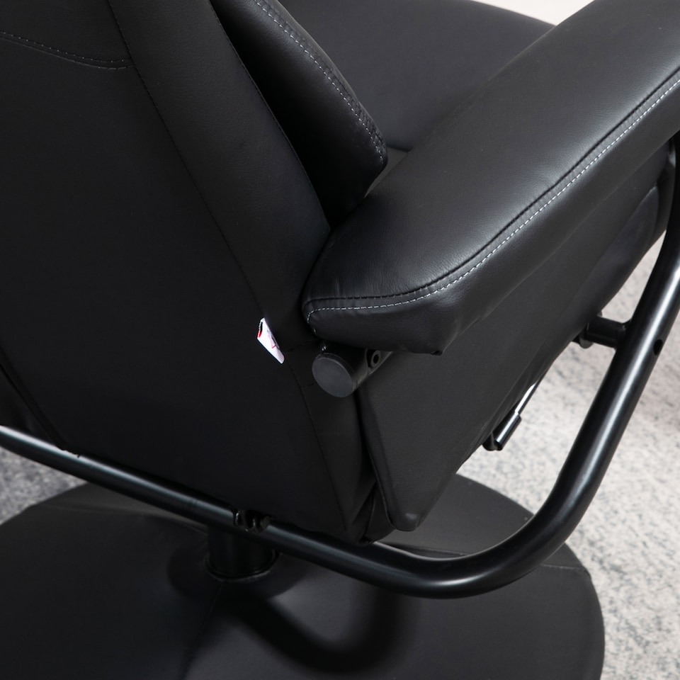 image 1 of HOMCOM Swivel Recliner Chair with Footstool, PU Leather Recliner Armchair with Ottoman, Steel Base, Upholstered Reclining Chair for Living Room, Bedroom, Office, Black | Black | Black