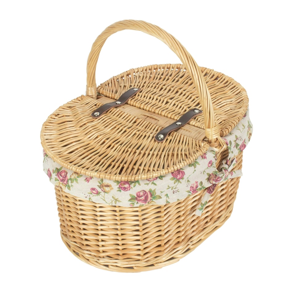image 1 of Cotton Lined Buff Oval Picnic Basket Multi | Rose Garden | One Size