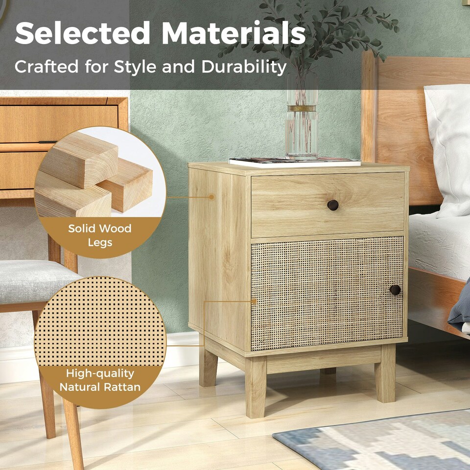 image 1 of COSTWAY Rattan Nightstand Mid Bedside Table Natural Brown