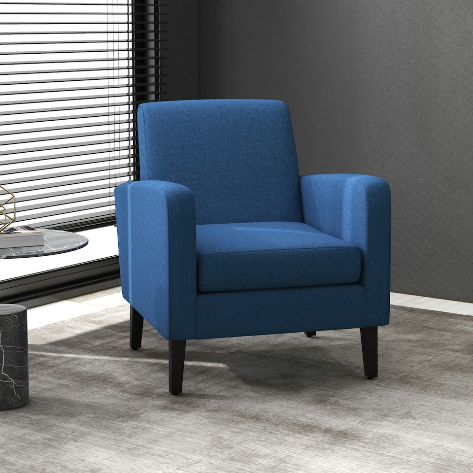 image 1 of HOMCOM Modern Armchair Accent Chair with Rubber Wood Legs for Bedroom Blue