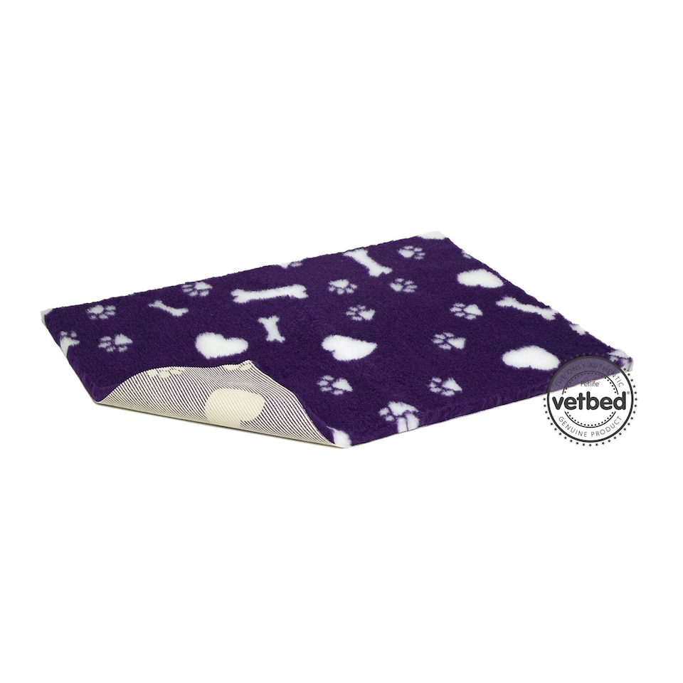 Nonslip Vetbed Purple with White Hearts, Bones and Paws 150cm x 100cm