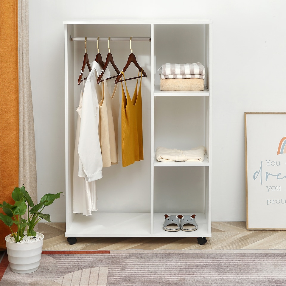 image 1 of HOMCOM Rolling Open Wardrobe Hanging Rail Storage Shelves for Clothes, White