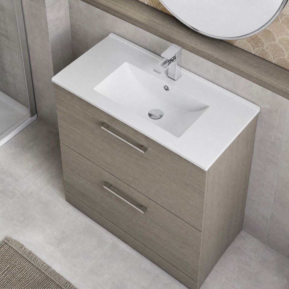 image 1 of Balterley Contemporary Bathroom 2 Soft Close Drawer & Minimalist Floor Standing Vanity Unit Basin | Brown | Solace Oak | 815 x 800 x 390mm