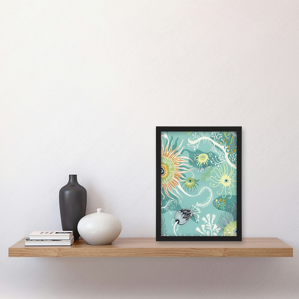 image 1 of Abstract Under Water Sea Drawing Sea Life Ocean Black Framed Wall Art Print A4