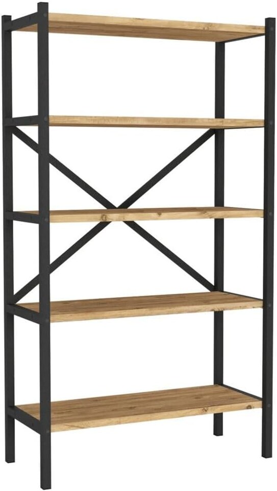 image 1 of 5-Shelf Wood Bookcase Unit With Metal Frame Home Decor Storage and Shelving | Multi | Pine | 1