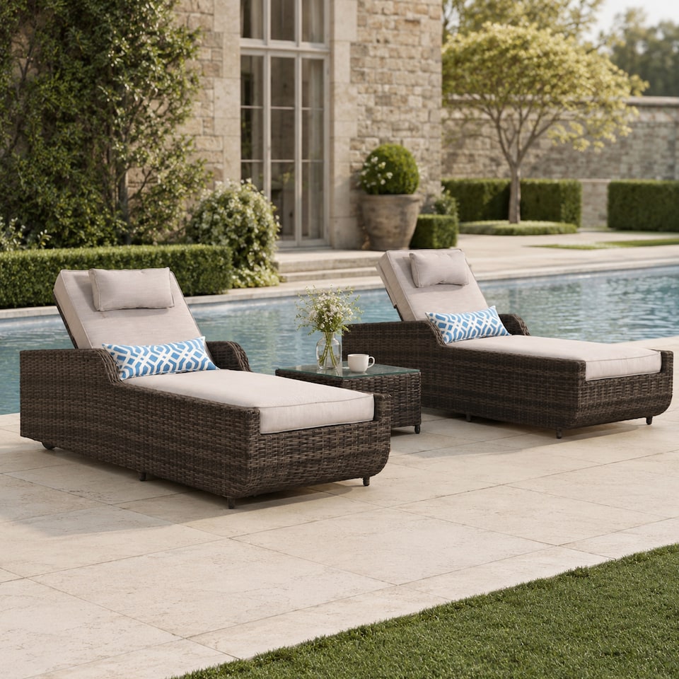 image 1 of Direct Wicker Adjustable Sun Lounge with Side Table – 5‑Position Recliner and Glass‑Top Side Table