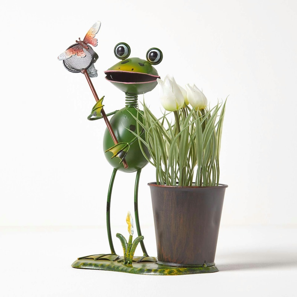image 1 of Homescapes Metal Frog with Butterfly Net and Flower Pot - 31 cm Tall