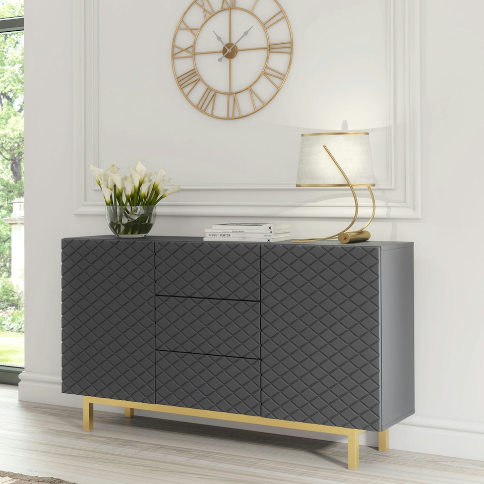 image 1 of Grey Sideboard 140cm – Diamond Pattern Fronts with Gold Legs Grey
