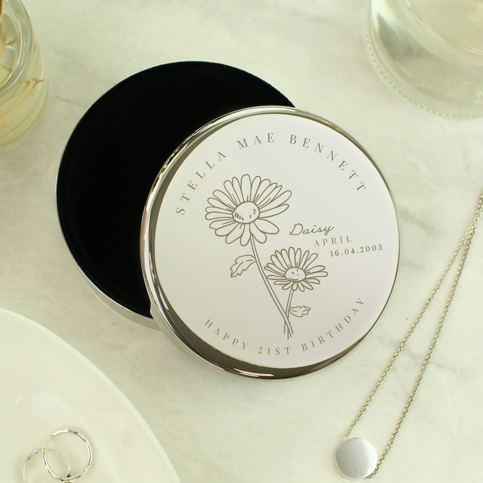 image 1 of Personalised April Birth Flower Round Trinket Box