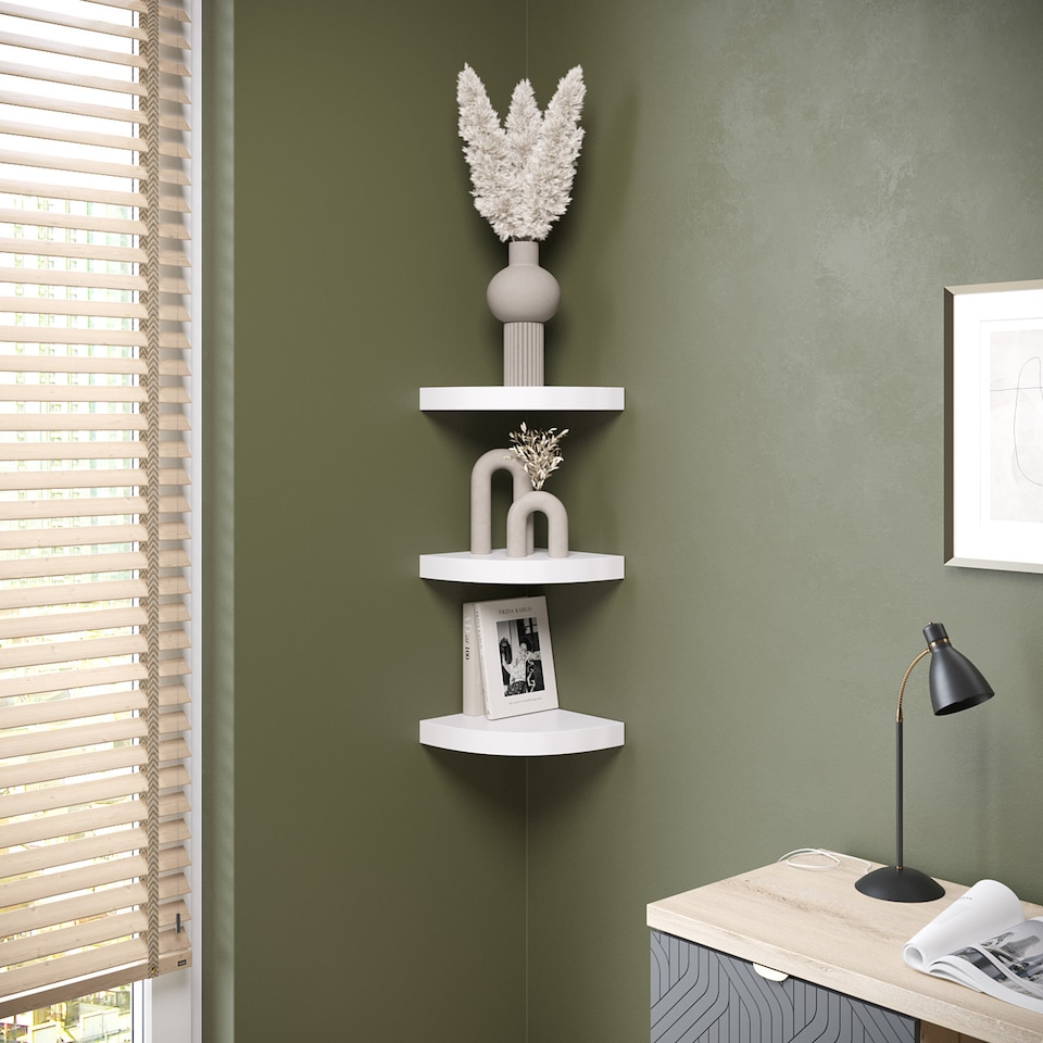 image 1 of Wooden Wall Mounted Floating Corner Shelf | White | 1