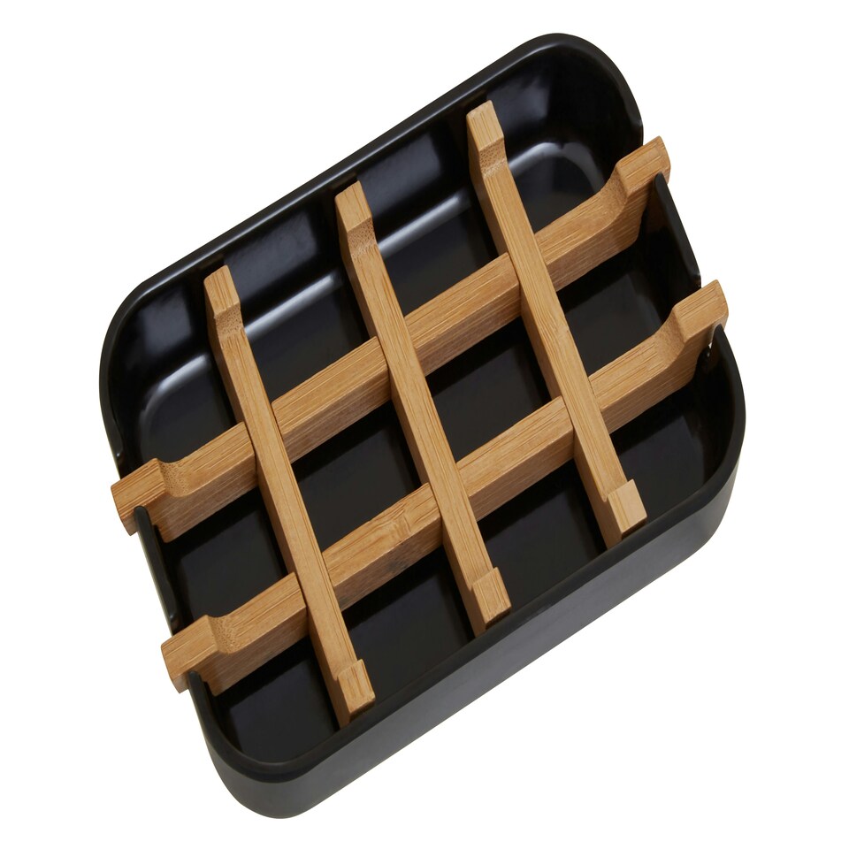 image 1 of Interiors by Premier Eco-Friendly Black Soap Dish, Removable Bamboo Insert Soap Tray, Modern Soap Case Holder, Bath Soap Holder