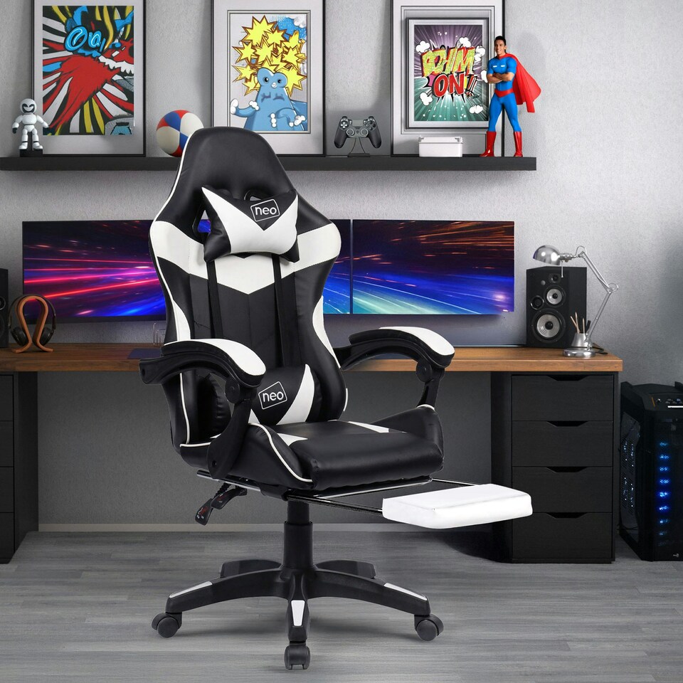 image 1 of White/Black Massage Leather Gaming Chair with Footrest